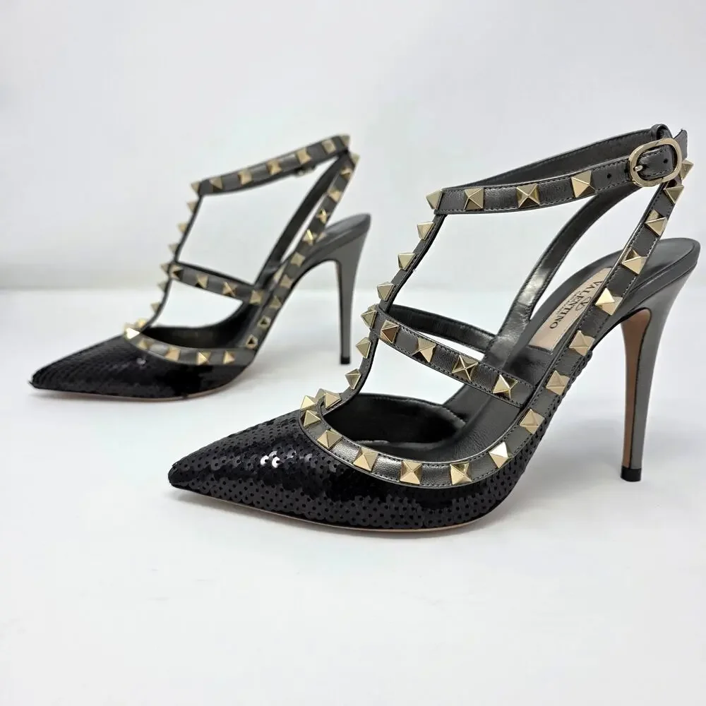 Valentino Rockstud Slingback Heels Stud Black Sequin Strappy Gladiator Pump 37 7